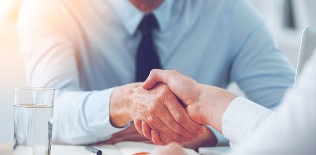 image shows a handshake between two well-dressed individuals