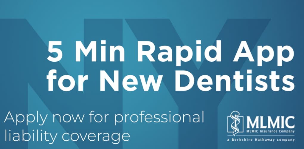Blue background with text that reads "5 Min Rapid App for New Dentists" for new dentists seeking coverage