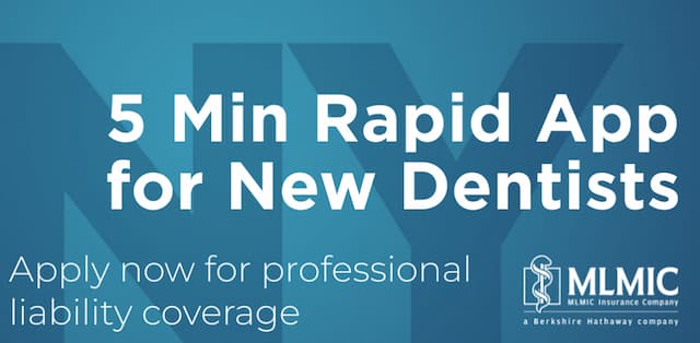 Blue background with text that reads "5 Min Rapid App for New Dentists" for new dentists seeking coverage