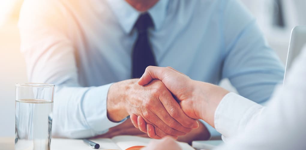Two well-dressed individuals shake hands in an office.