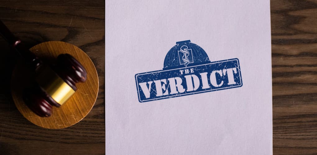 image of gavel and the verdict podcast logo representing hand injury case mlmic podcast