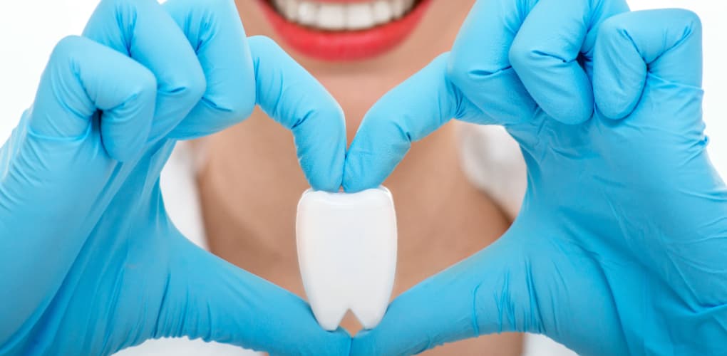 a woman wearing medical gloves forms a heart with her hands, holding a large fake tooth in between the heart form
