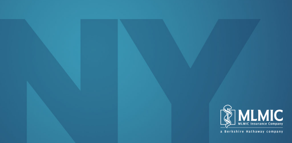 Plain blue backdrop with the MLMIC logo in the corner and NY in large letters in the middle